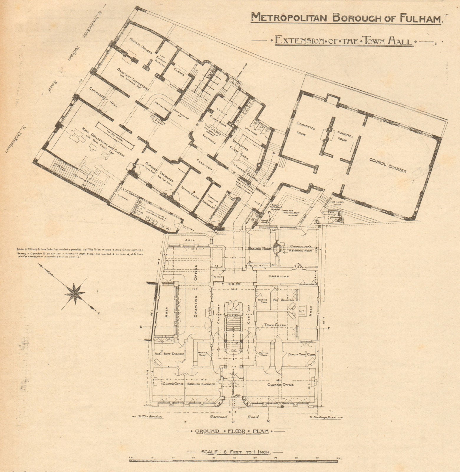 Metropolitan Borough of Fulham, extension of the Town Hall. Plan. London 1904